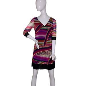 Elana Kattan NWT Mesh Dress Geometric Multicolor Print 3/4 Sleeve V-Neck Size S